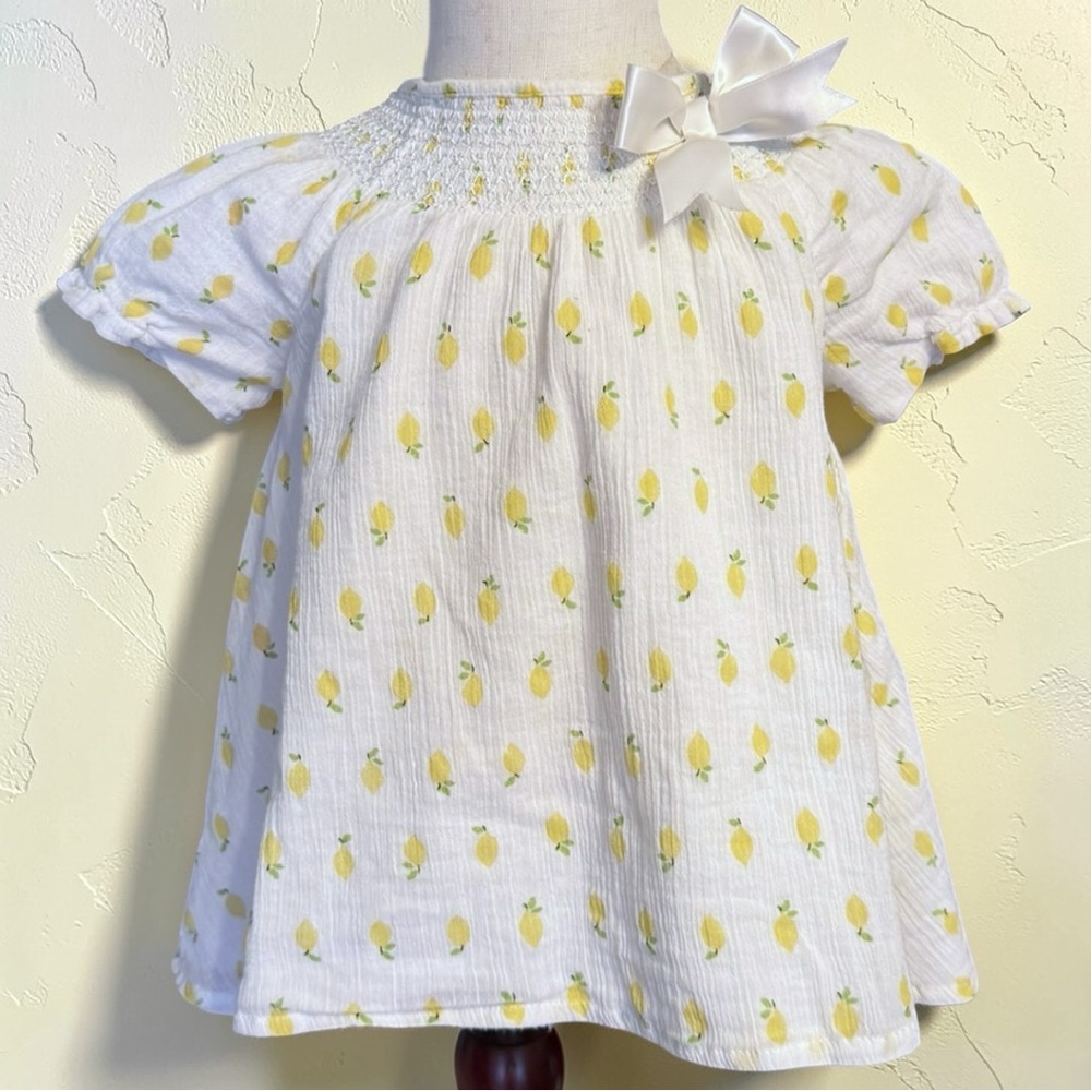 Artisan NY Lemon Print Smocked Dress 24M White Yellow Bow Summer Toddler